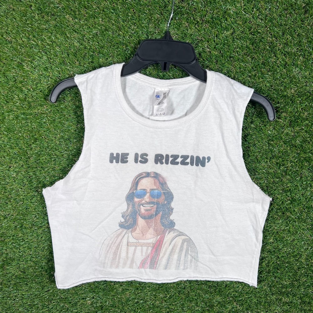 Gildan Jesus He is Rizzin Crop Top T Shirt Women's Size Medium White Sleeveless